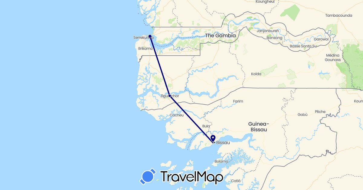 TravelMap itinerary: driving in Gambia, Guinea-Bissau, Senegal (Africa)